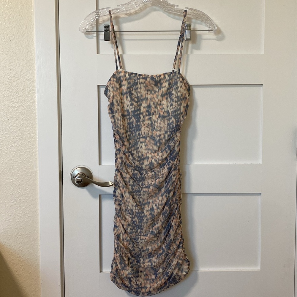 Forever 21 Ruched Blue & Orange Mini Adjustable Strap Bodycon Dress Small